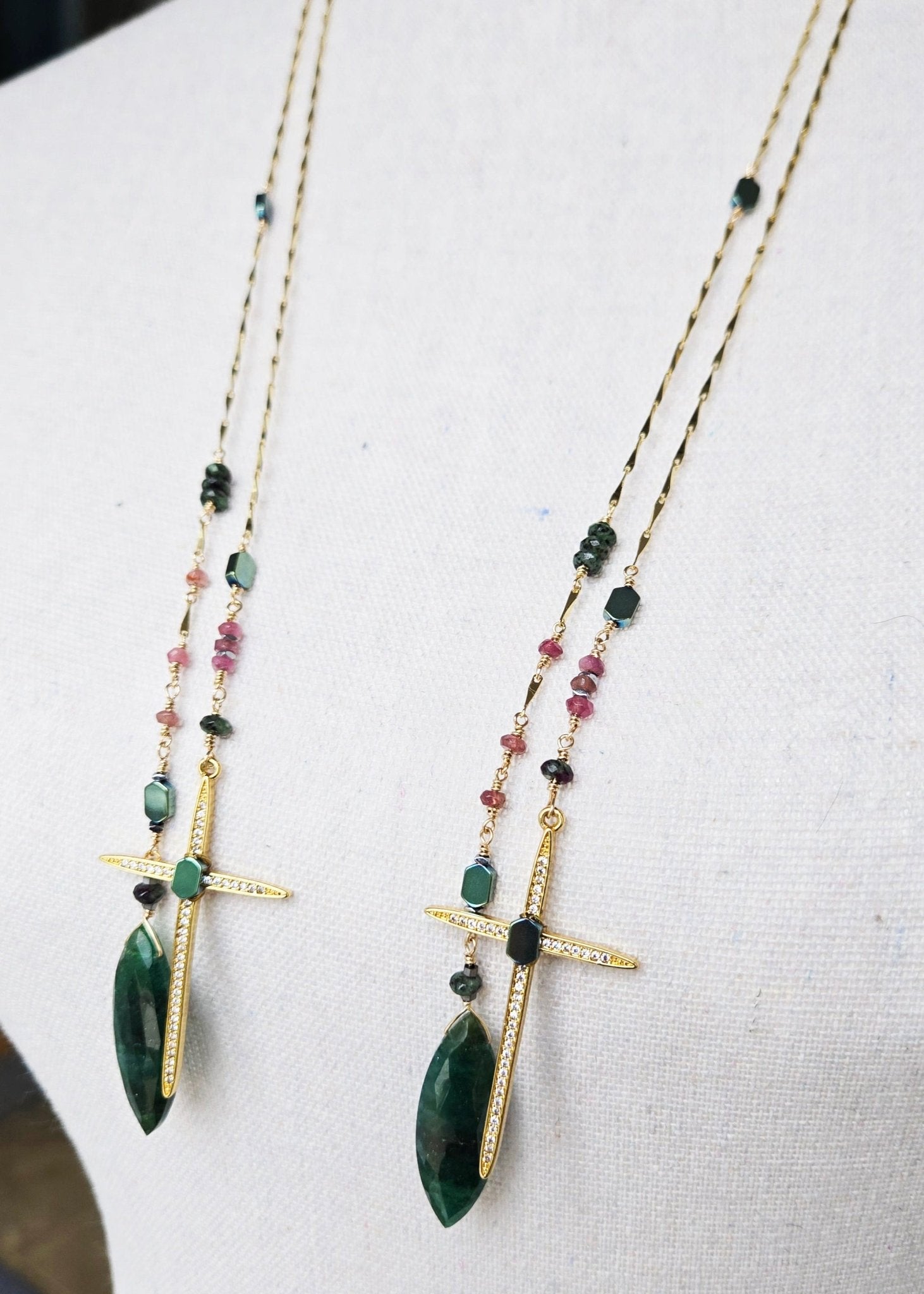 Sacred Vision | Green Tourmaline & Ruby Zoisite Cross Statement Necklace - UnicU Jewelry by Izabela Roginski