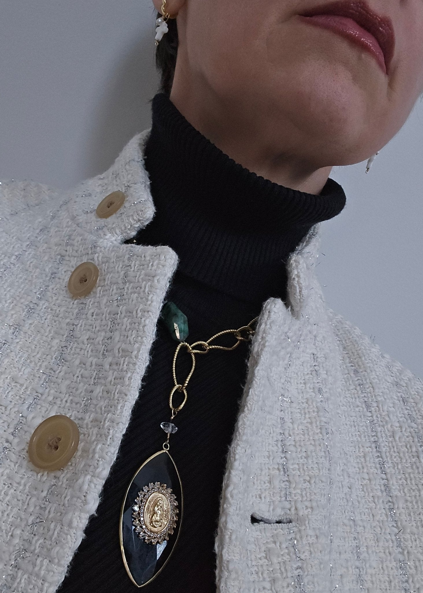 Our Lady of Guadalupe | The Raw Emerald & Black Diamond 3 - Way Medallion - UnicU Jewelry by Izabela Roginski