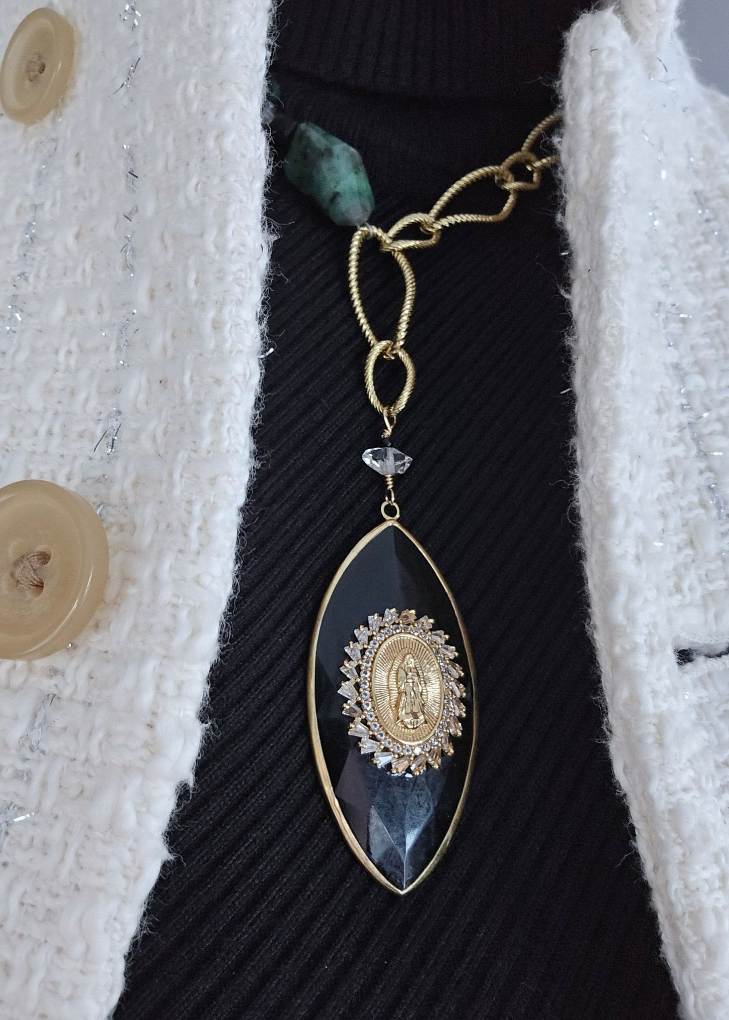 Our Lady of Guadalupe | The Raw Emerald & Black Diamond 3 - Way Medallion - UnicU Jewelry by Izabela Roginski