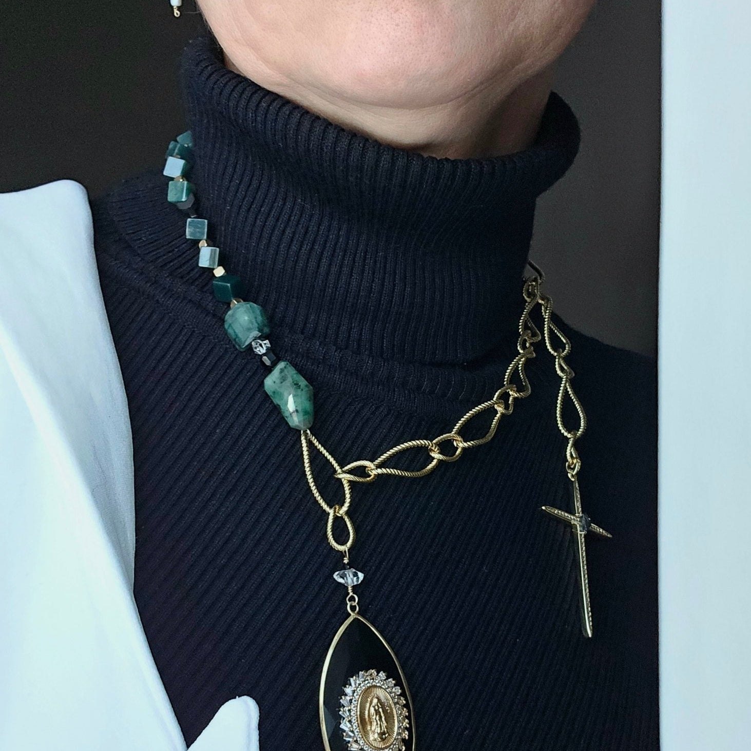 Our Lady of Guadalupe | The Raw Emerald & Black Diamond 3 - Way Medallion - UnicU Jewelry by Izabela Roginski