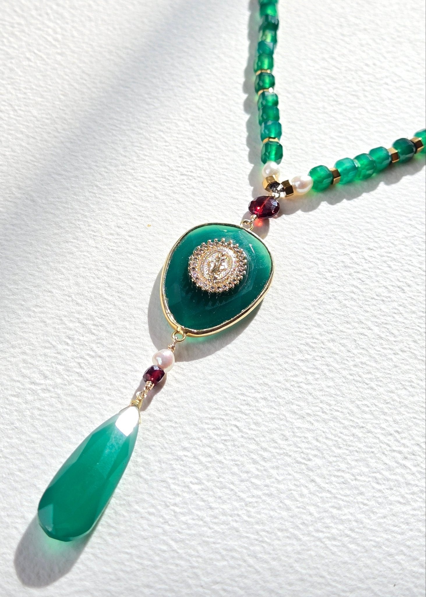 Miraculous Medallion | Green Onyx, Green Agate, Freshwater Pearls and African Red Garnet Necklace - UnicU Jewelry by Izabela Roginski