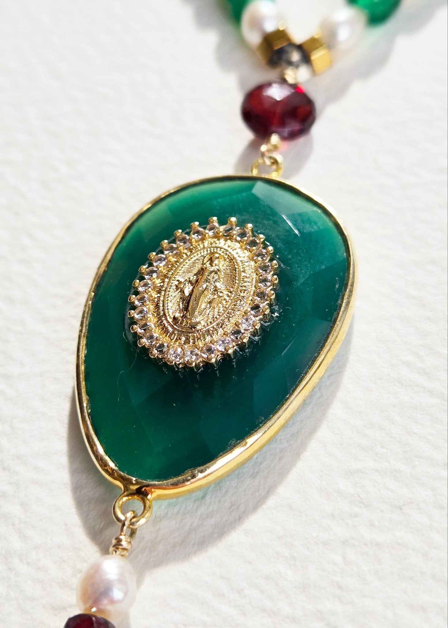 Miraculous Medallion | Green Onyx, Green Agate, Freshwater Pearls and African Red Garnet Necklace - UnicU Jewelry by Izabela Roginski
