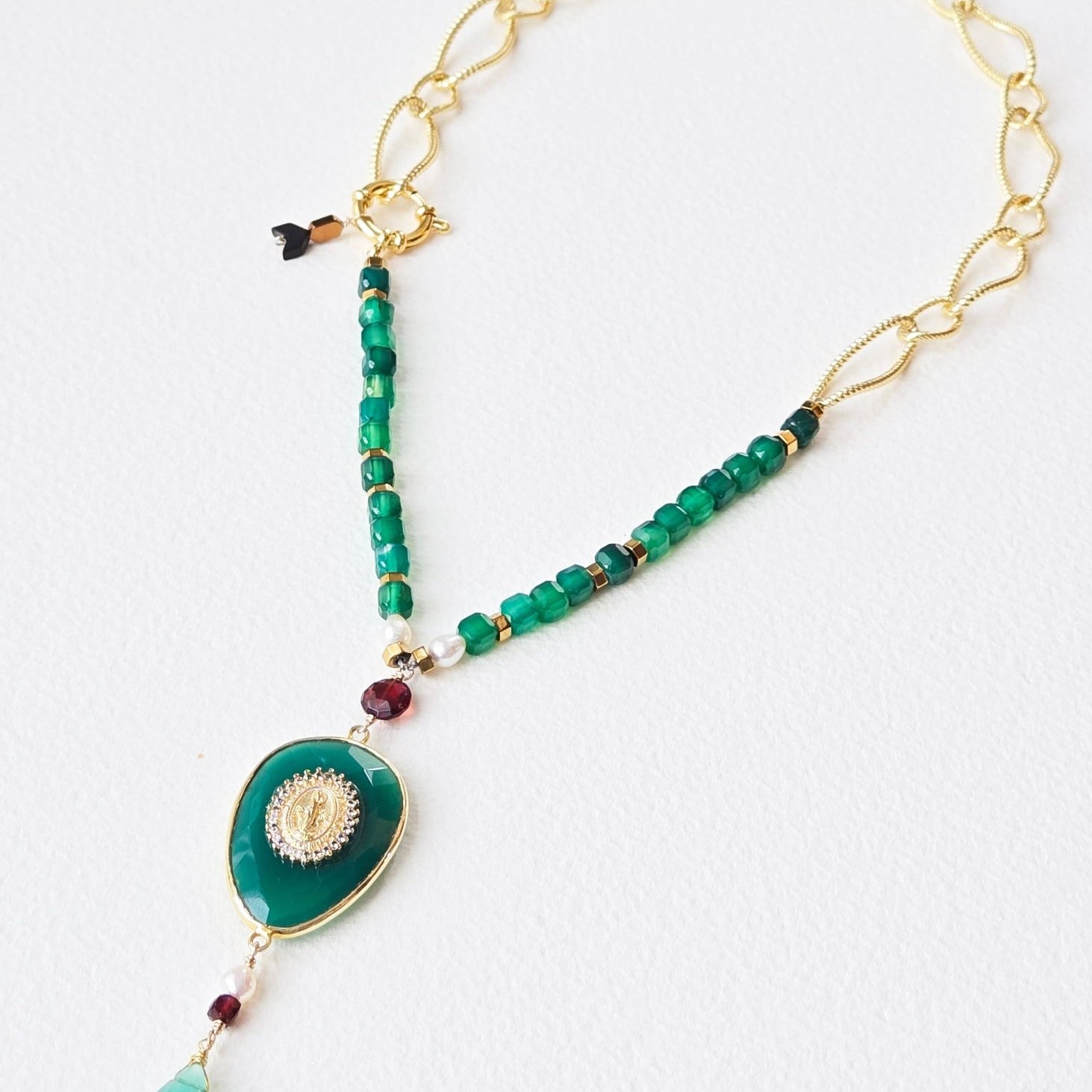 Miraculous Medallion | Green Onyx, Green Agate, Freshwater Pearls and African Red Garnet Necklace - UnicU Jewelry by Izabela Roginski