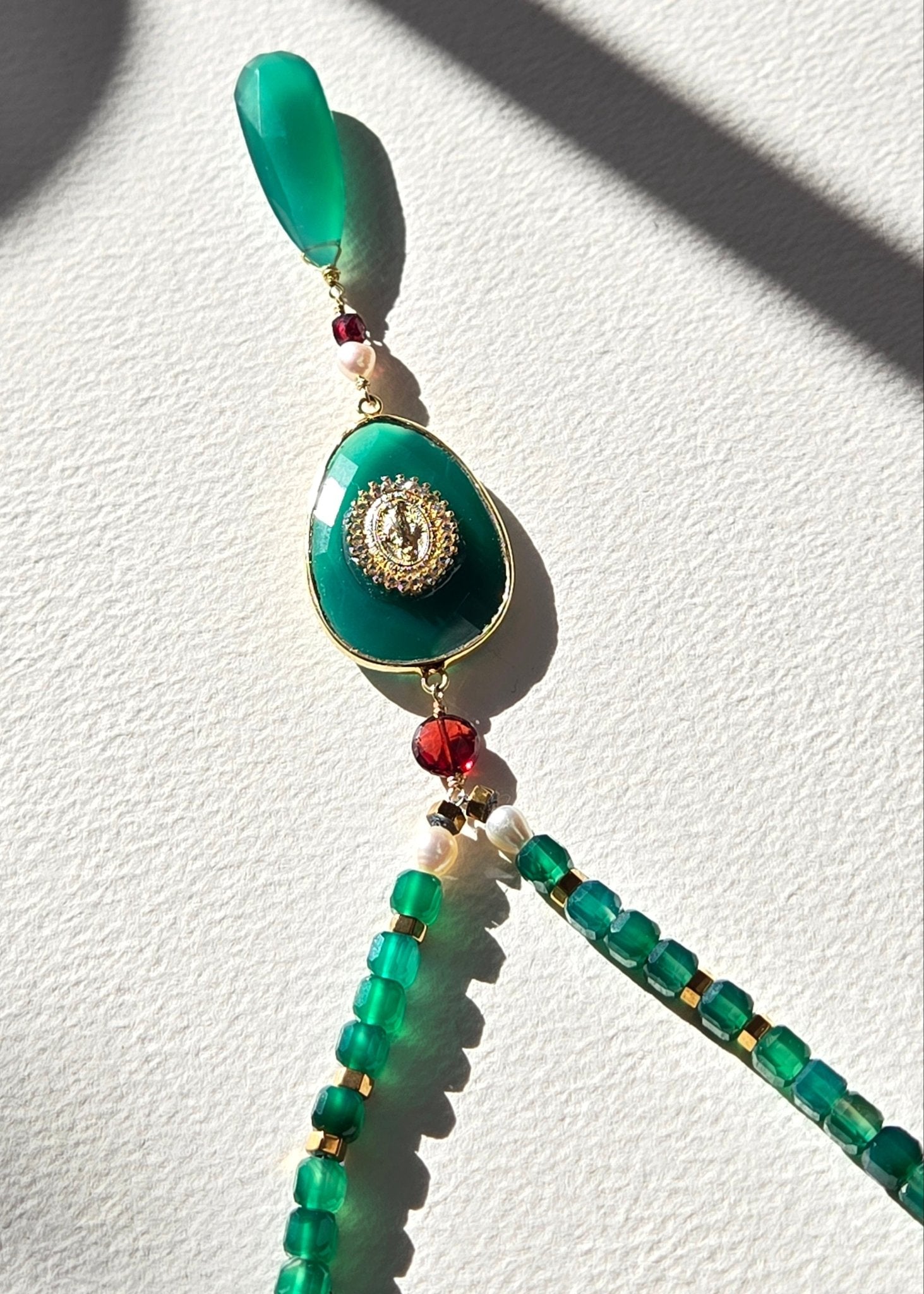 Miraculous Medallion | Green Onyx, Green Agate, Freshwater Pearls and African Red Garnet Necklace - UnicU Jewelry by Izabela Roginski