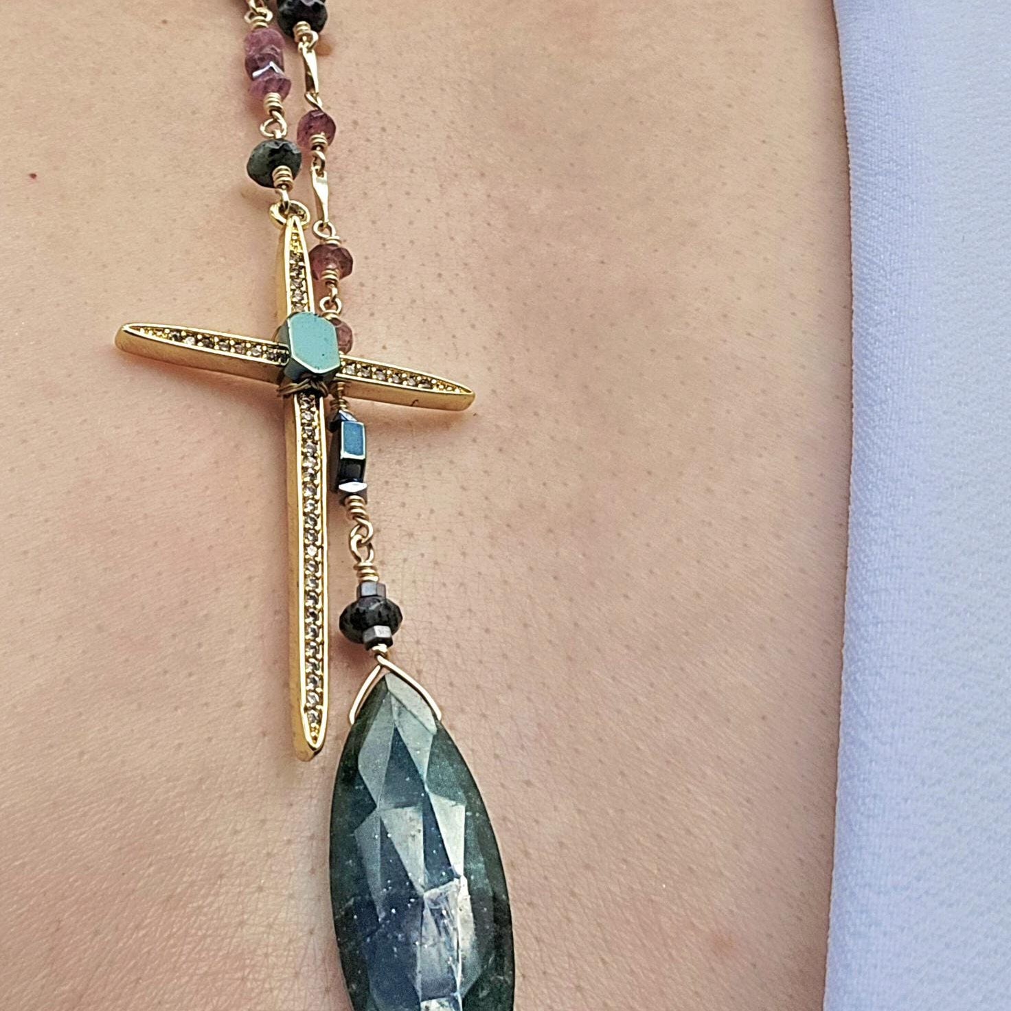 Sacred Vision | Green Tourmaline & Ruby Zoisite Cross Statement Necklace - UnicU Jewelry by Izabela Roginski
