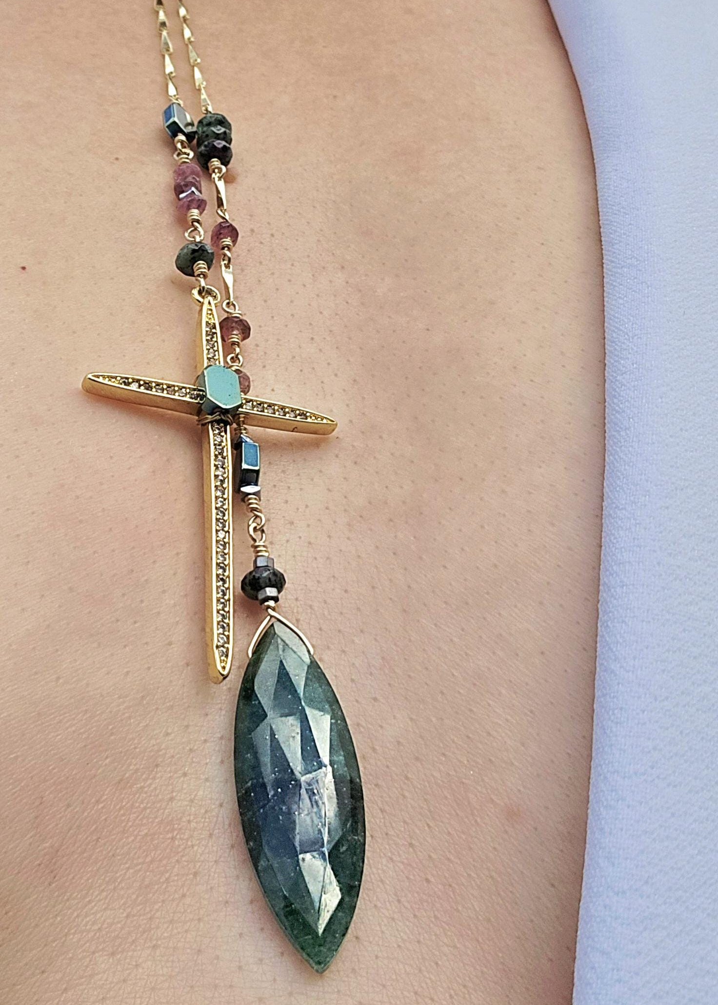 Sacred Vision | Green Tourmaline & Ruby Zoisite Cross Statement Necklace - UnicU Jewelry by Izabela Roginski