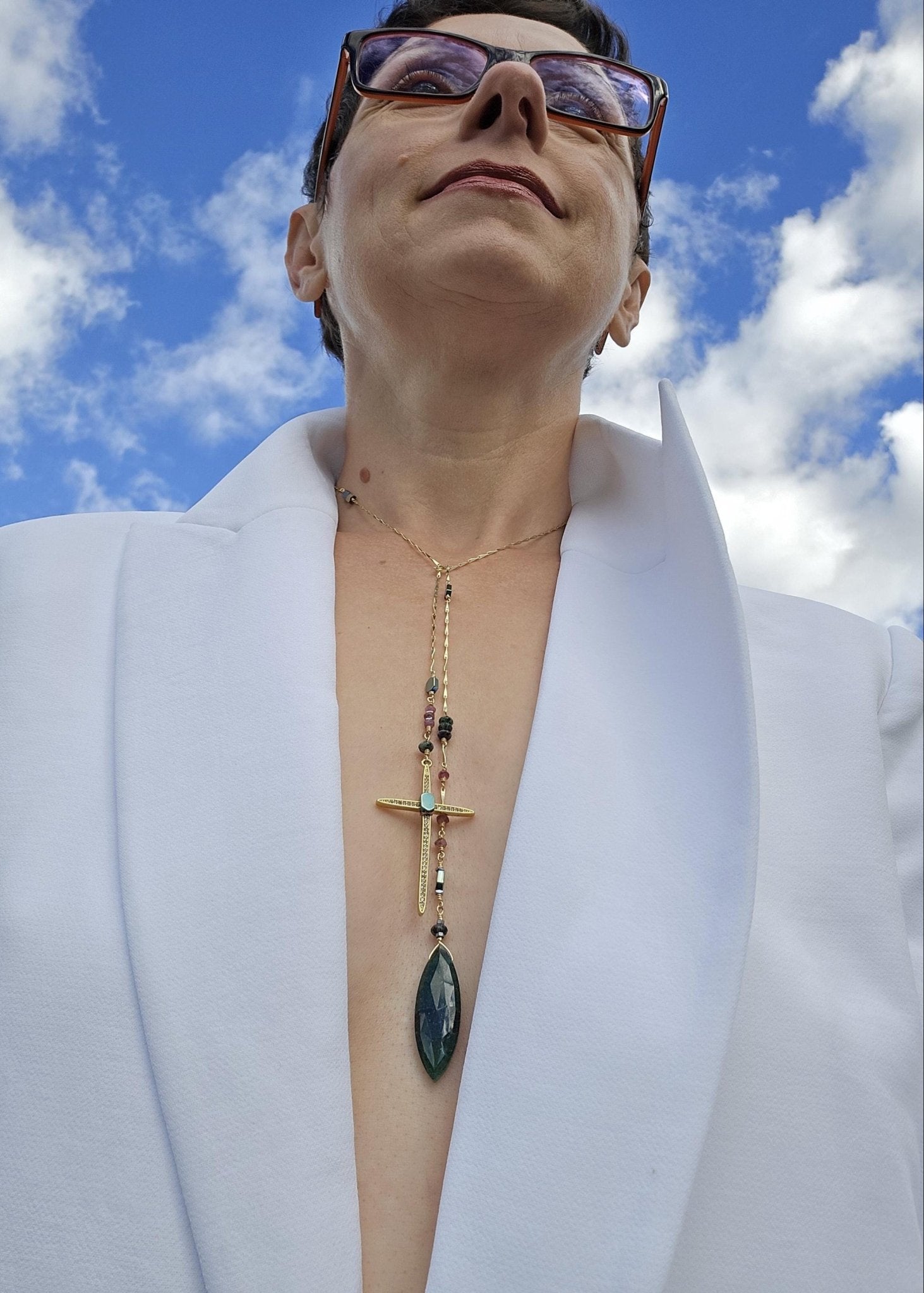 Sacred Vision | Green Tourmaline & Ruby Zoisite Cross Statement Necklace - UnicU Jewelry by Izabela Roginski