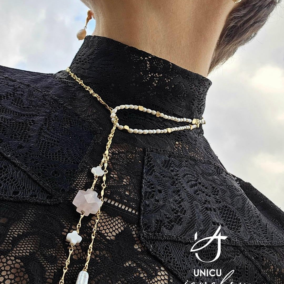 Living Water | Versatile Rose Quartz & Pearl Lariat - UnicU Jewelry by Izabela Roginski