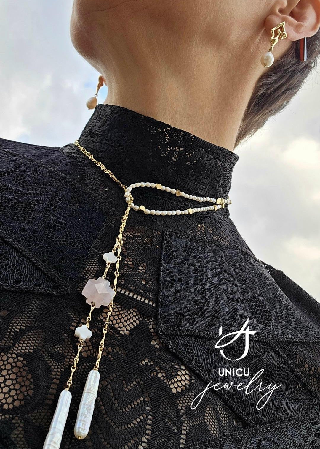 Living Water | Versatile Rose Quartz & Pearl Lariat - UnicU Jewelry by Izabela Roginski