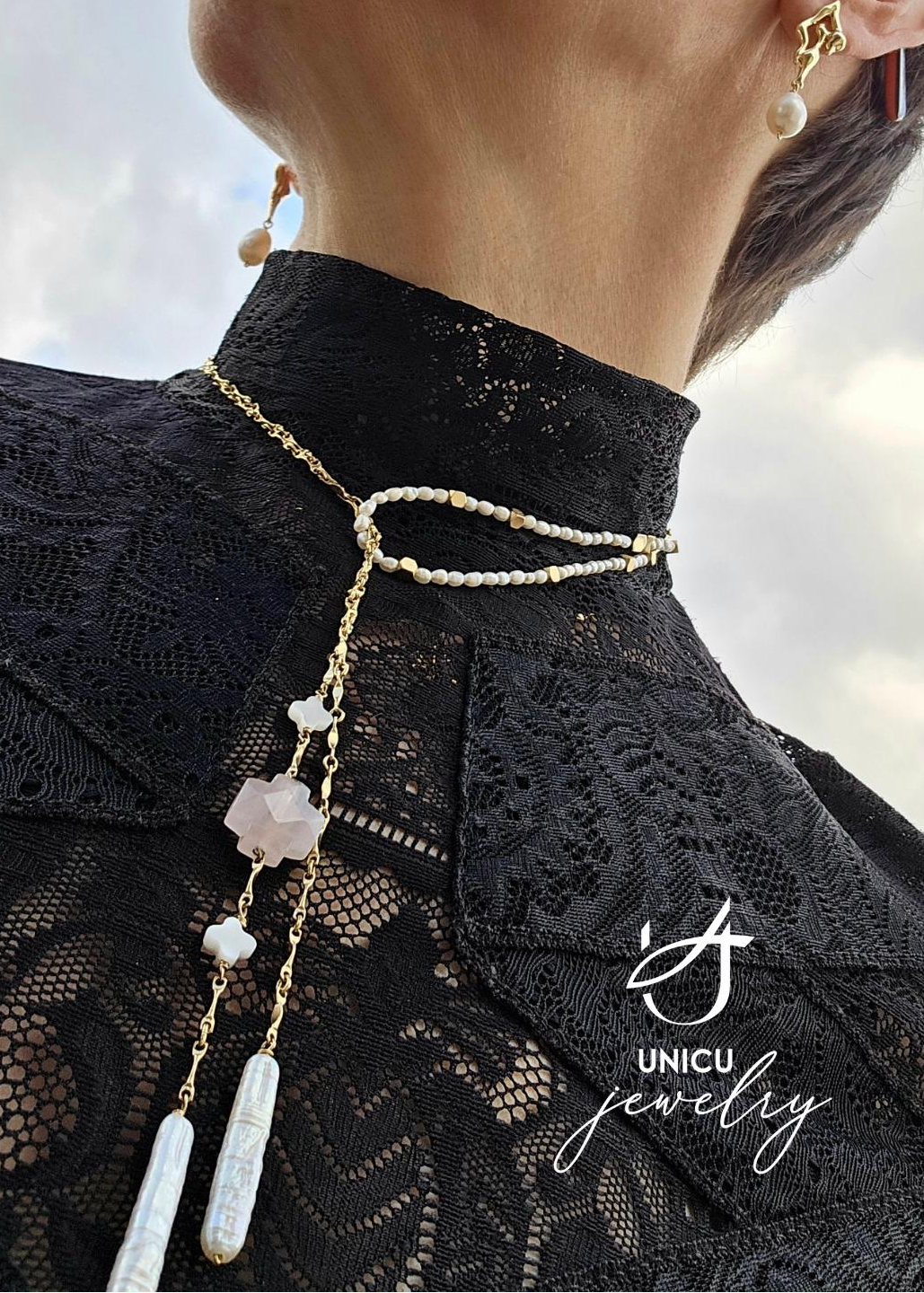 Living Water | 14k Gold-Filled Open Strand with Rose Quartz Cross & Luminous Pearls