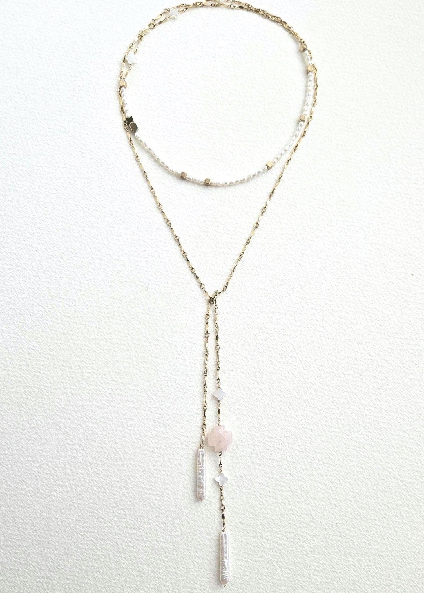 Living Water | Versatile Rose Quartz & Pearl Lariat - UnicU Jewelry by Izabela Roginski
